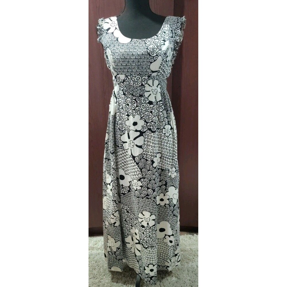 Vintage Nali Honolulu Hawaii MuuMuu Dress 1970s Empire Waist Black & White Sz.M